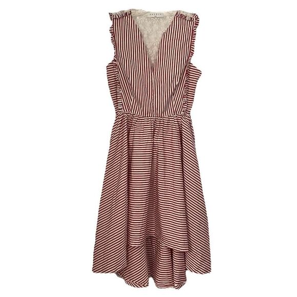 Sandro Red & White Striped Lace Back High Low Midi Dress Size 1/Extra Small - Picture 1 of 7